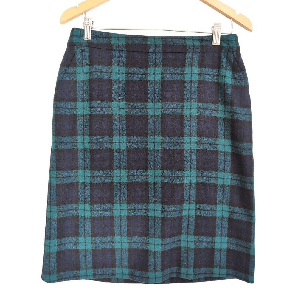 Lands End Straight Pencil Skirt Womens 4 Petite Green Black Tartan Plaid Preppy